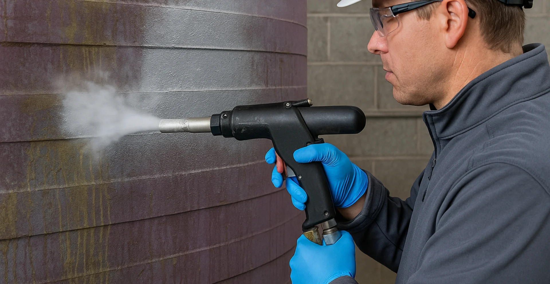 Worker using dry ice blasting machine on equipment surface