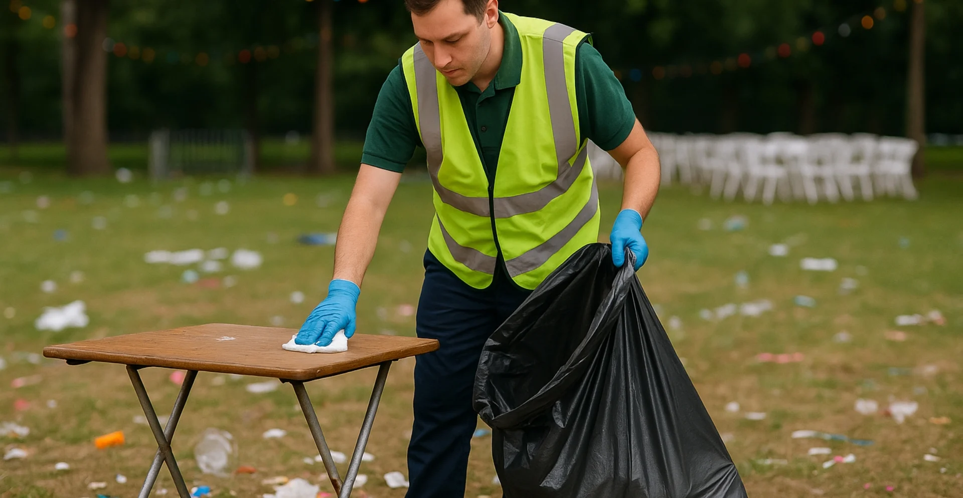 Janitor collecting trash and cleaning field after a public event