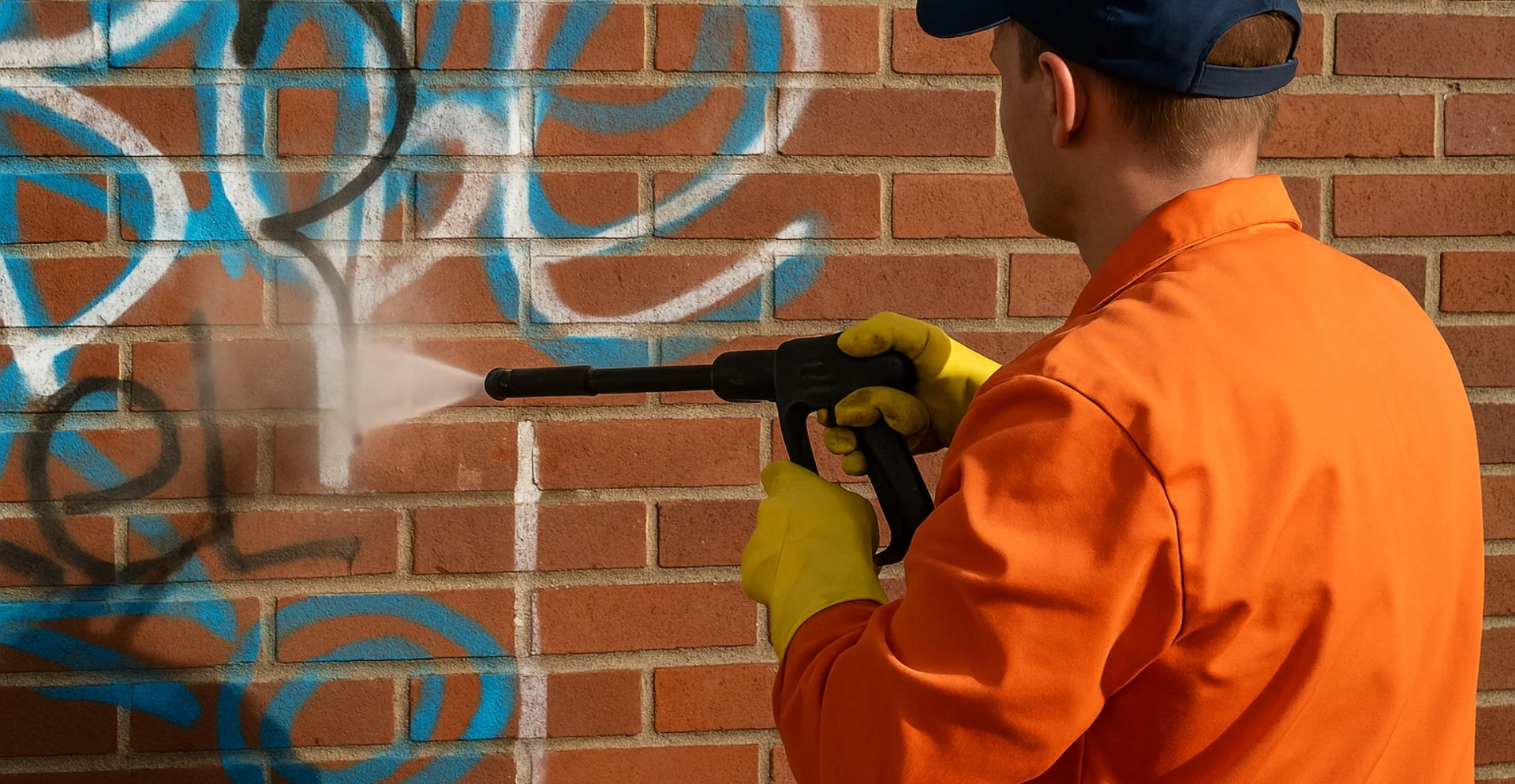 Worker pressure washing graffiti from a red brick wall