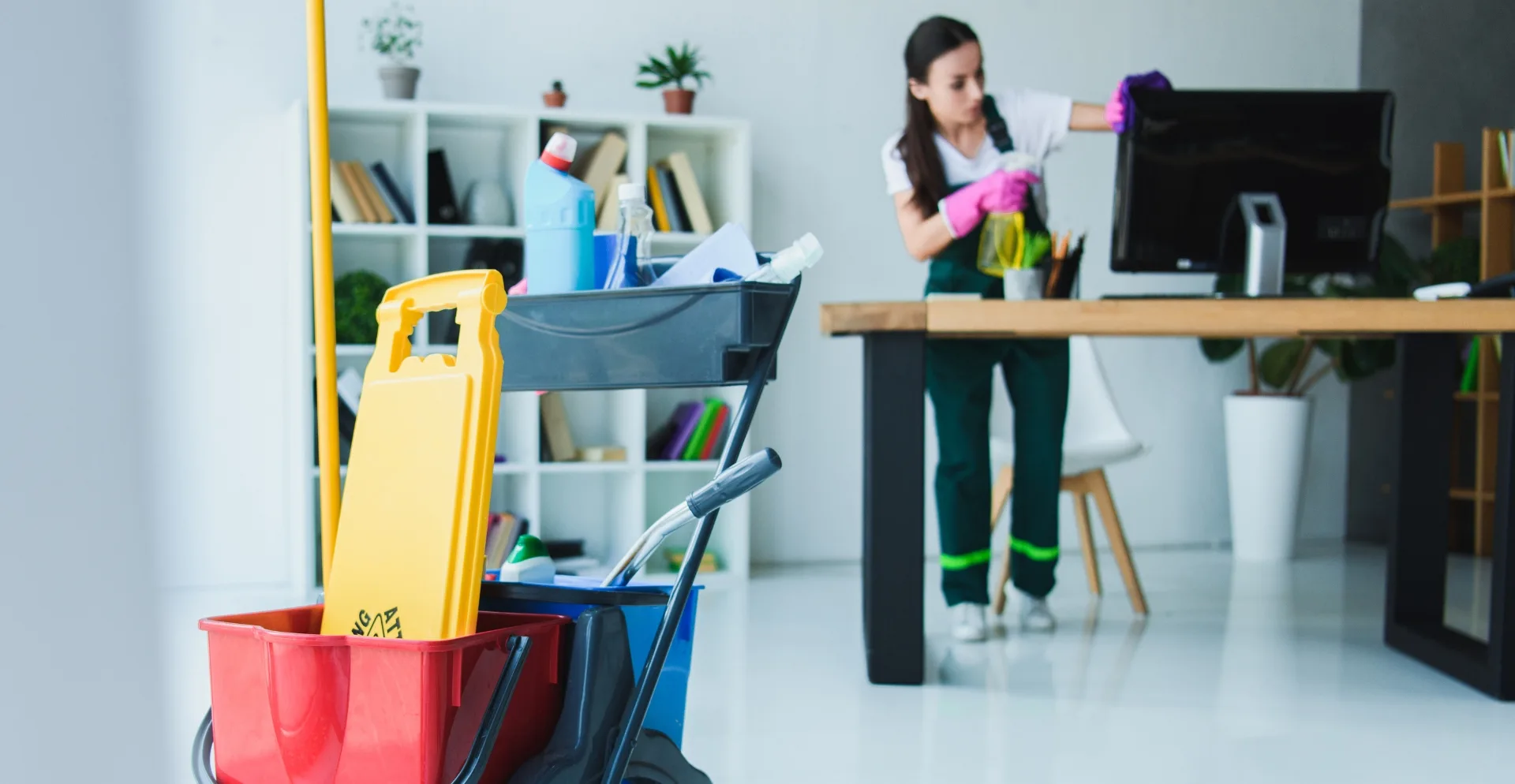Janitor cleaning desks and floors in a modern office environment