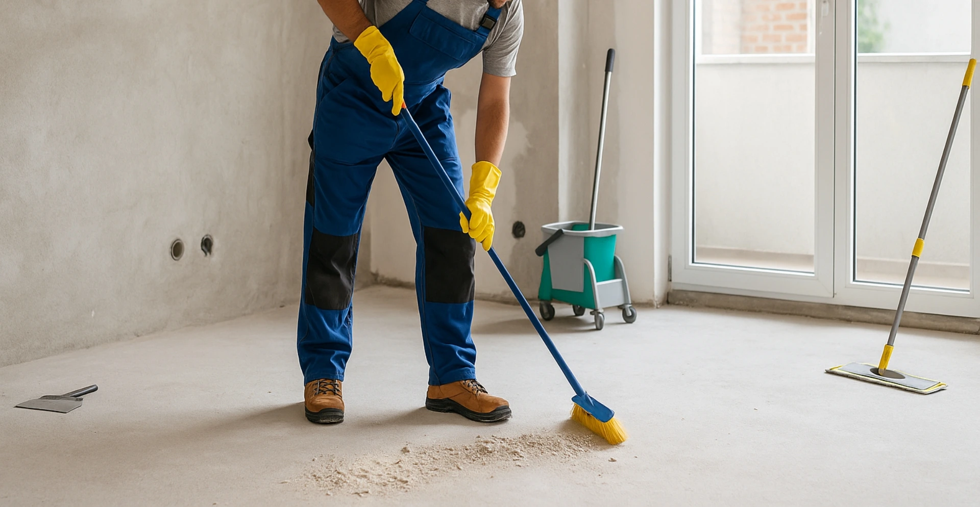Workers sweeping construction dust and debris after renovation
