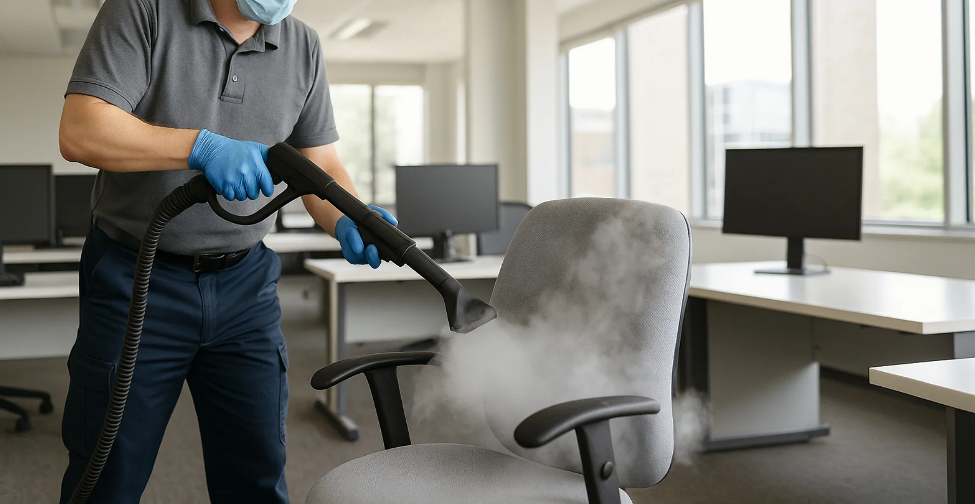 Janitor steam cleaning an office chair in a clean workspace